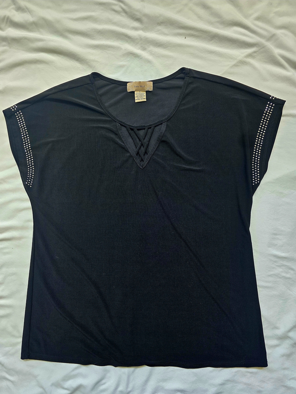 Diana Belle Women's Black Criss Cross Neck Stud Sleeve Blouse Size Large
